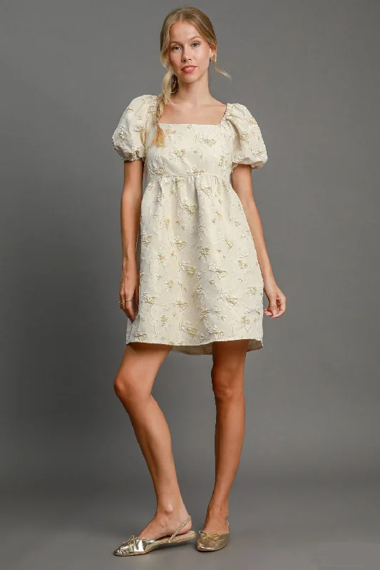 Dresses for costume parties-Umgee Heart Jacquard Square Neck Puff Sleeve Mini Dress