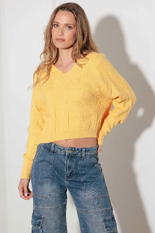 Sweaters with draped necks-V-Neck Cable Pattern Crop Long Sleeve Sweater