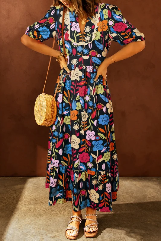 Dresses for ankle length-Printed V-Neck Half Sleeve Midi Dress