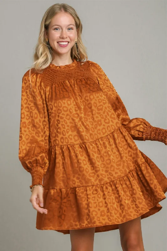 Dresses for warm weather-Umgee Smocked Leopard Long Sleeve Tiered Dress