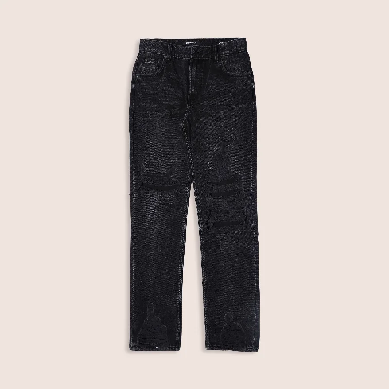 Bottoms in midnight blue-Women's Black Straight Fit Ripped Denim