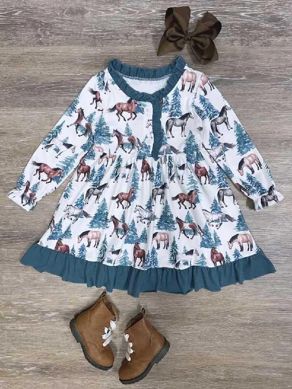 Dresses for daytime-Ranch Life Girls Blue Ruffle Trim Horse Long Sleeve Dress