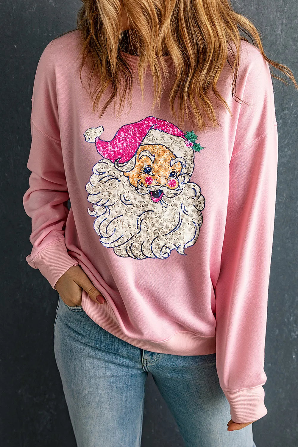 Hoodies & Sweatshirts contest-Santa Pink Round Neck Long Sleeve Sweatshirt