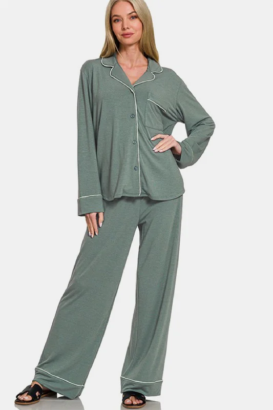 Top home organization ideas-Zenana Button Down Long Sleeve Top and Pants Lounge Set