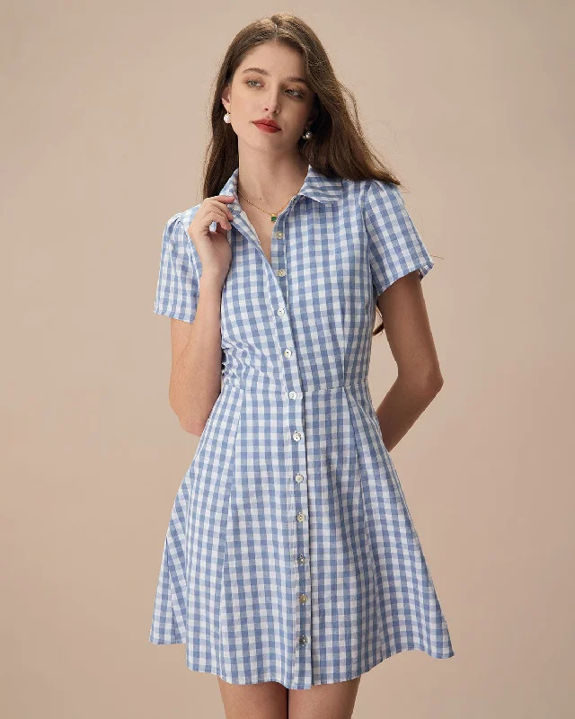 Dresses for minimalist look-Women's Blue Plaid Lapel Cotton Mini Dress