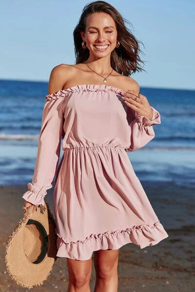 Dresses for tie-back-Frill Off-Shoulder Flounce Sleeve Dress