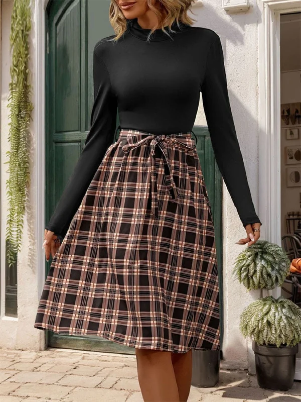 Dresses for desert weddings-Plaid Mock Neck Long Sleeve Dress