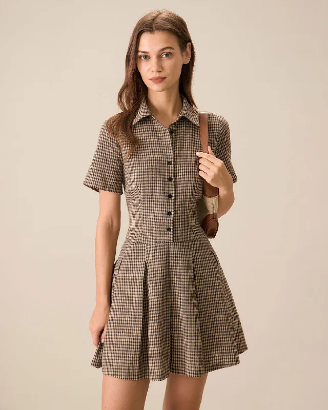 Dresses for Christmas-Brown Plaid Lapel Pleated Mini Dress