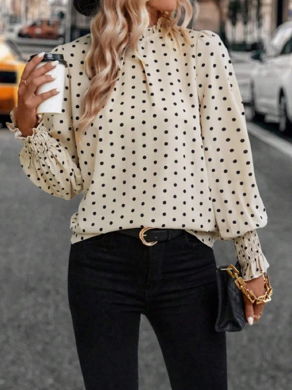 Women's Clothing evening wear-Polka Dot Mock Neck Long Sleeve Blouse