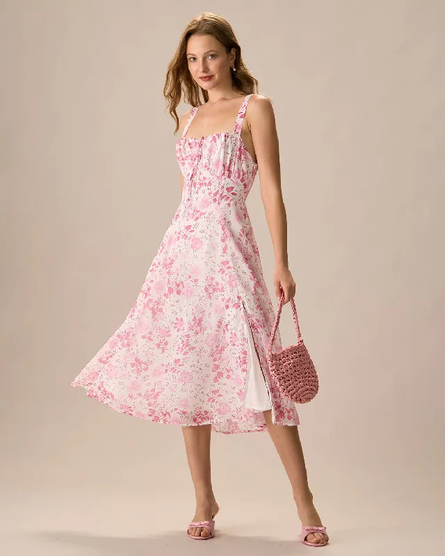 Dresses for steampunk-The Pink Square Neck Floral Ruched Midi Dress