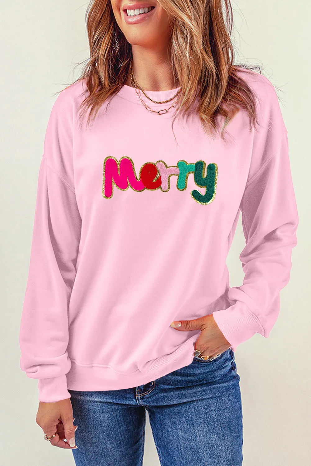 Hoodies & Sweatshirts model-MERRY Round Neck Long Sleeve Sweatshirt