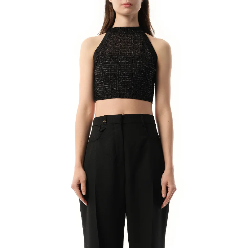 How to care for leather shoes-Halterneck Glittered Knit Crop Top in Black