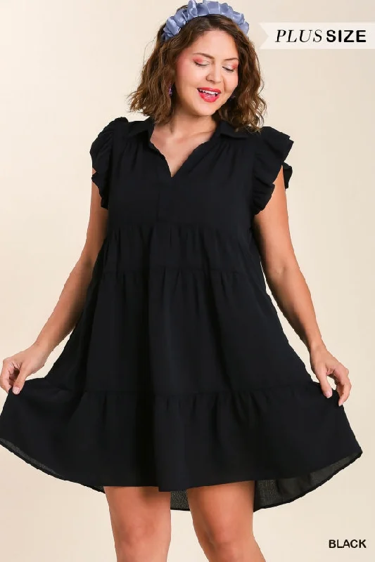 Dresses for seminars-Black Tiered Mini Dress with Ruffle Sleeves in Plus Size by Umgee Clothing