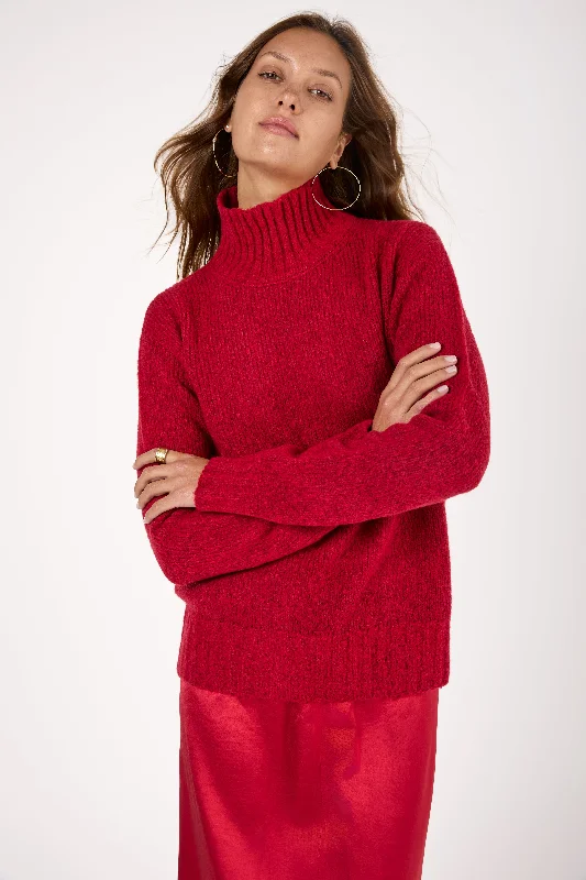 Sweaters with banded necks-Wool Knit Sweater in Rosso