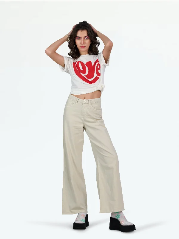 Bottoms for versatile wear-Basic Wide Leg Beige Jeans