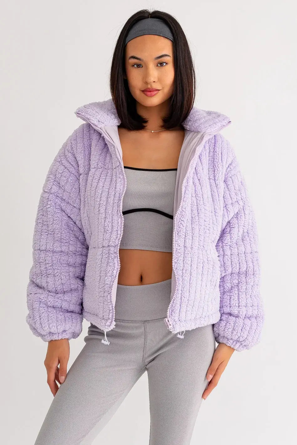 Jackets with cropped-Zip Up Stand Up Collar Fuzzy Puff Jacket