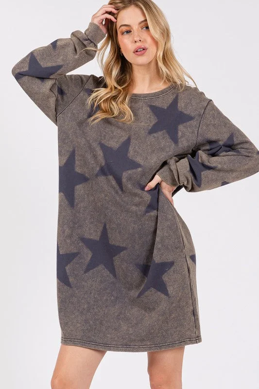 Dresses with satin-SAGE + FIG Washed Star Print Round Neck Dress