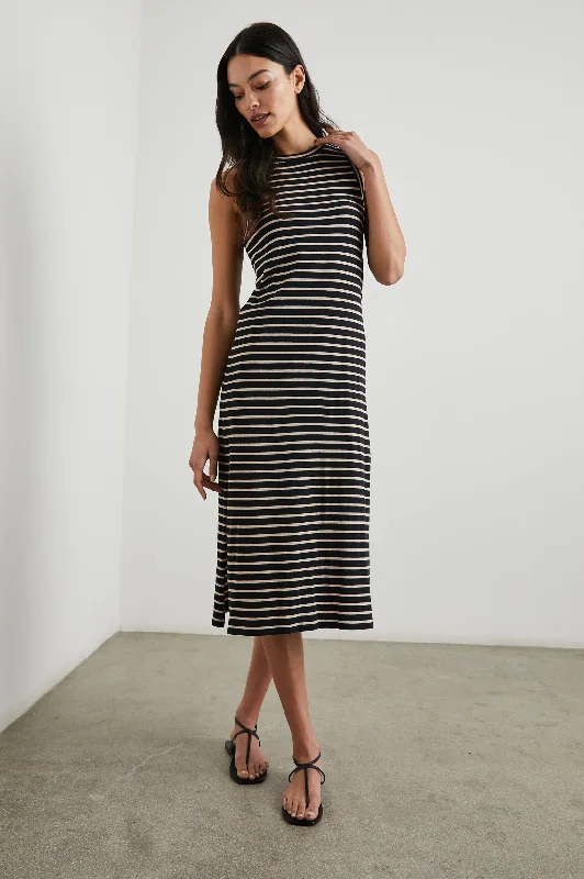 Dresses with pockets-TANK DRESS - BLACK IVORY STRIPE