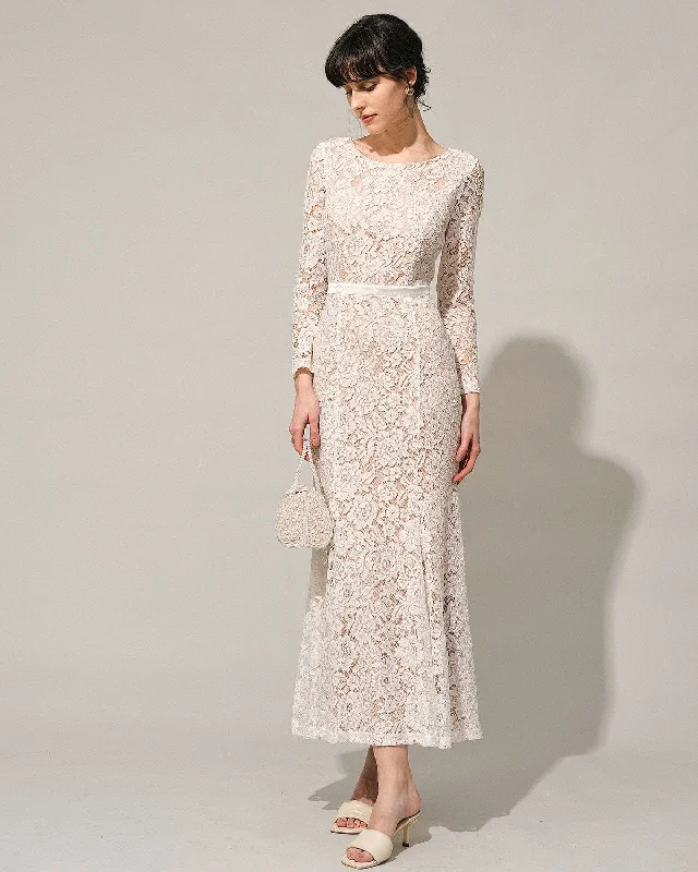 Dresses for creative workshops-The White Lace Long Sleeve Backless Maxi Dress