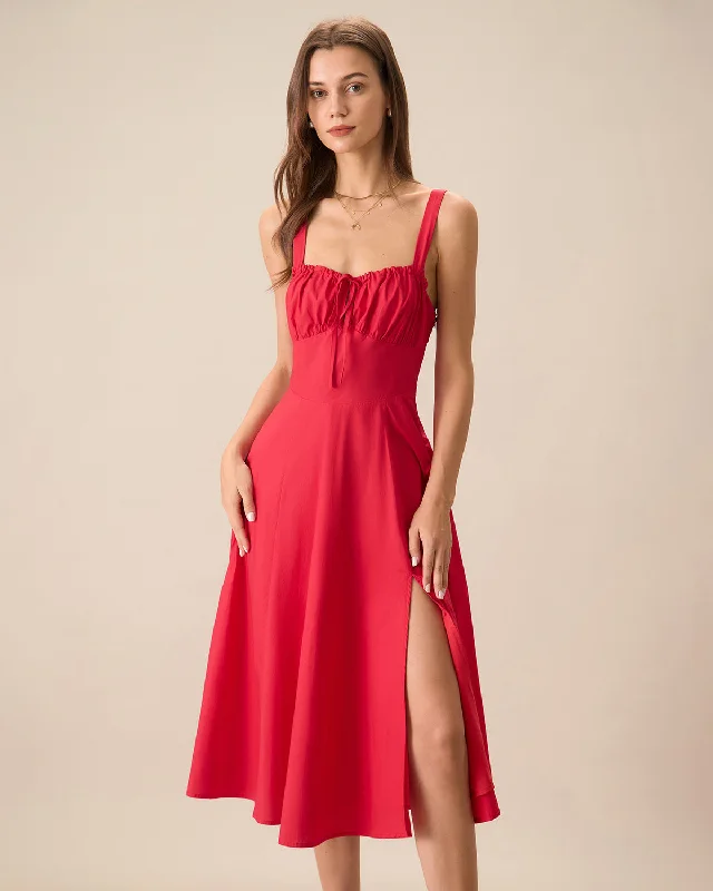 Dresses for modeling-Women's Red Square Neck Ruched Slip Midi Dress