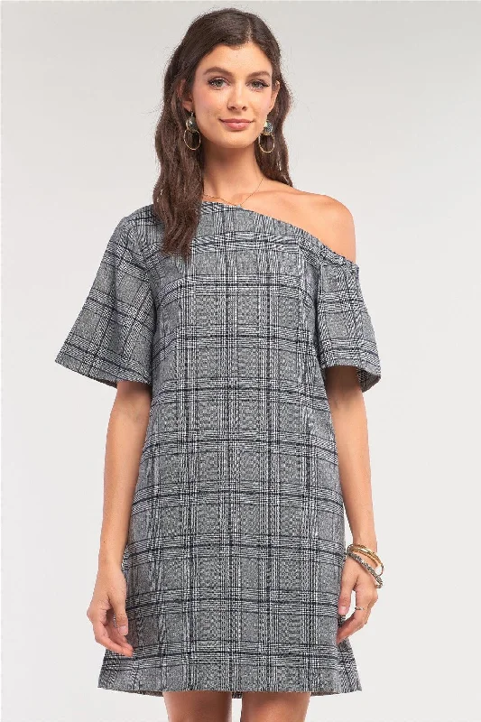 Dresses for island weddings-Grey Checkered One-Shoulder Relaxed Fit Mini Dress