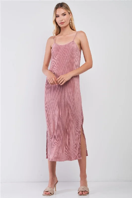 Dresses for thank you gifts-Dusty Pink Pleated Sleeveless Round Neck Side Slit Detail Midi Dress