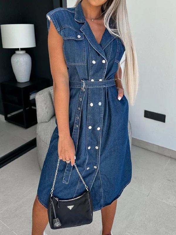 Dresses for cold snaps-Collared Neck Cap Sleeve Denim Dress