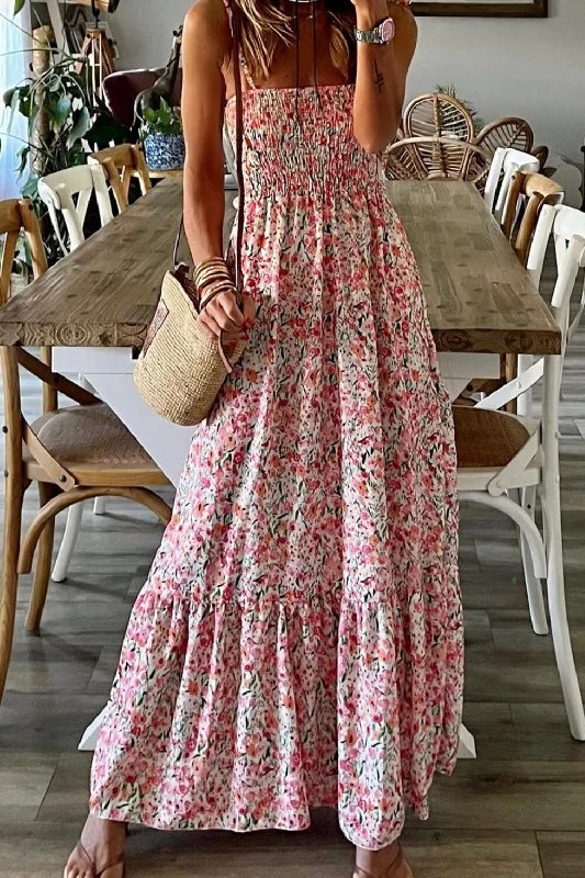 Dresses for cheap-Smocked Floral Spaghetti Strap Dress