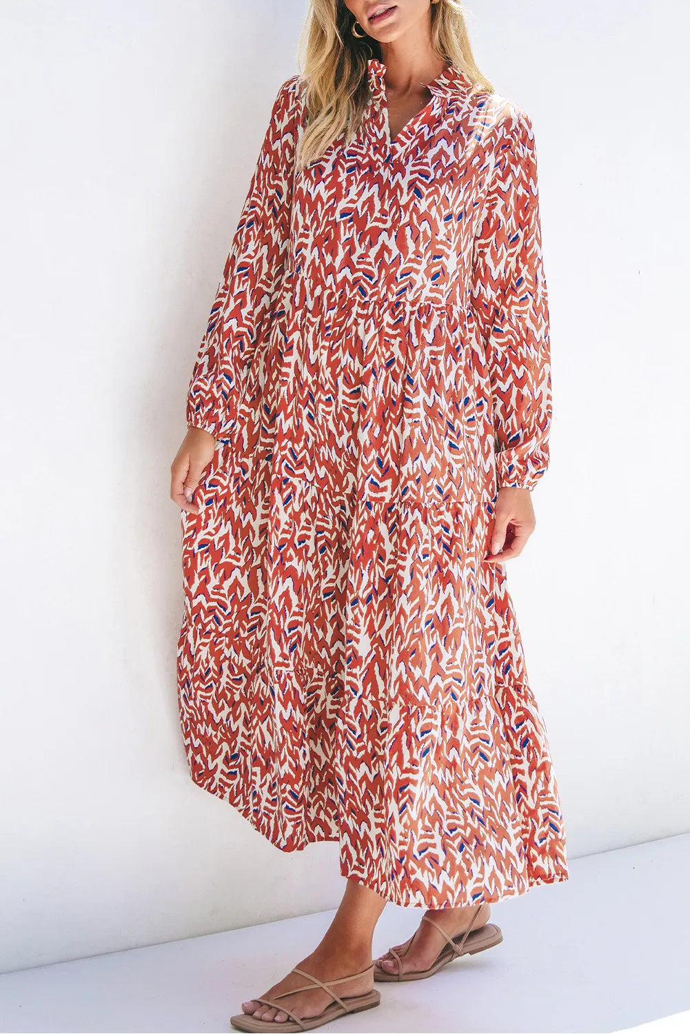 Dresses for casual wear-Printed Notched Long Sleeve Dress