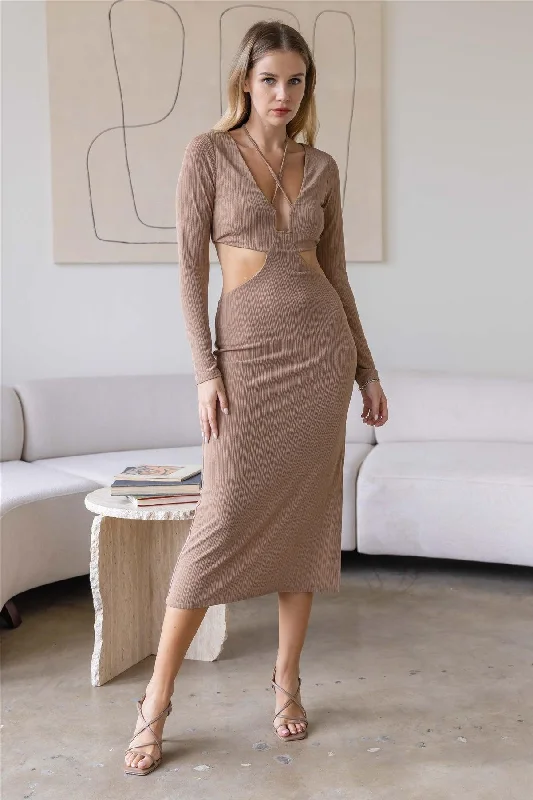 Dresses for casual weddings-Mocha Texture Criss Cross Cut Out Long Sleeve Dress /3-2-1