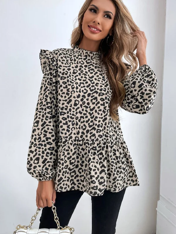 Women's Clothing tunics-Ruffled Leopard Mock Neck Long Sleeve Blouse