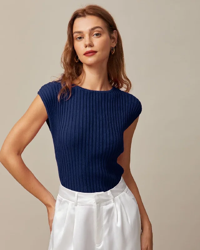 Top fitness goals for 2025-The Blue Boat Neck Ribbed Cap Sleeve Knit Tee