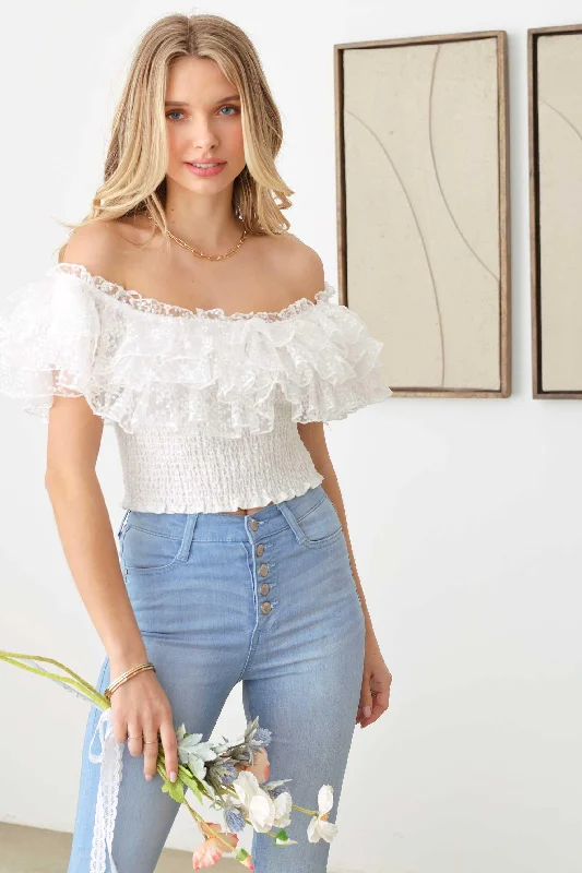 How to create short video content-Ruffle Lace Smocked Off Crop Top