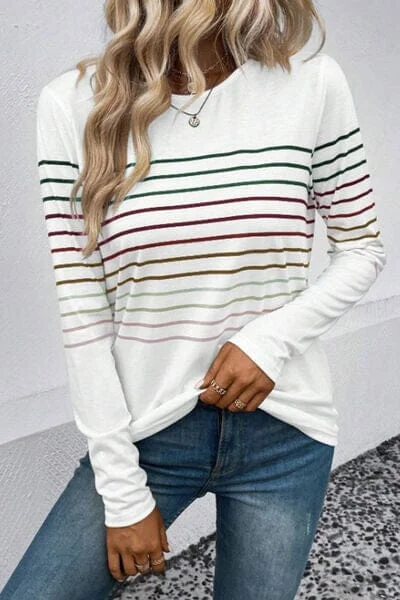 Top skincare brands 2025-Striped Round Neck Long Sleeve Top