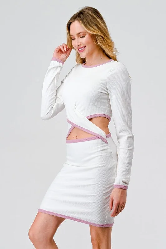 Dresses for Easter-Ivory & Pink Ribbed Long Sleeve Cut-Out Criss-Cross Front Mini Dress /1-2-1-1