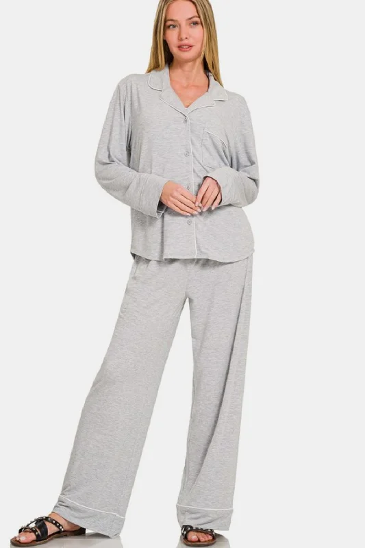 How to plan a solo trip-Zenana Button Down Long Sleeve Top and Pants Lounge Set