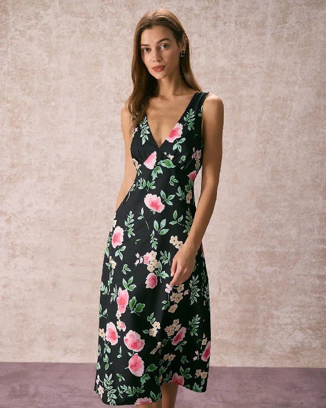 Dresses for movie marathons-The Black V Neck Tie Back Floral Midi Dress