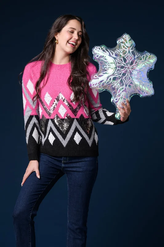 Sweaters with knotted hems-Sequin Fairisle Sweater PINK