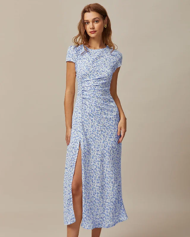 Dresses for flirty style-The Blue Round Neck Floral Slit Midi Dress