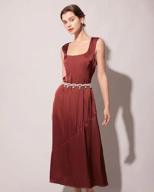 Dresses for sustainable fashion-The Coffee Square Neck Sleeveless Satin Midi Dress