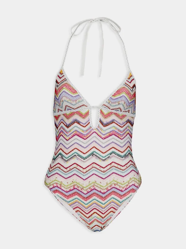 Swimwear for rough texture-Lurex Zigzag Crochet Swimsuit