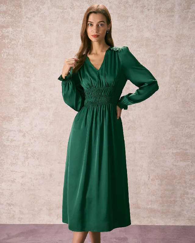 Dresses for pop-up shops-The Green V Neck Ruched Satin Midi Dress