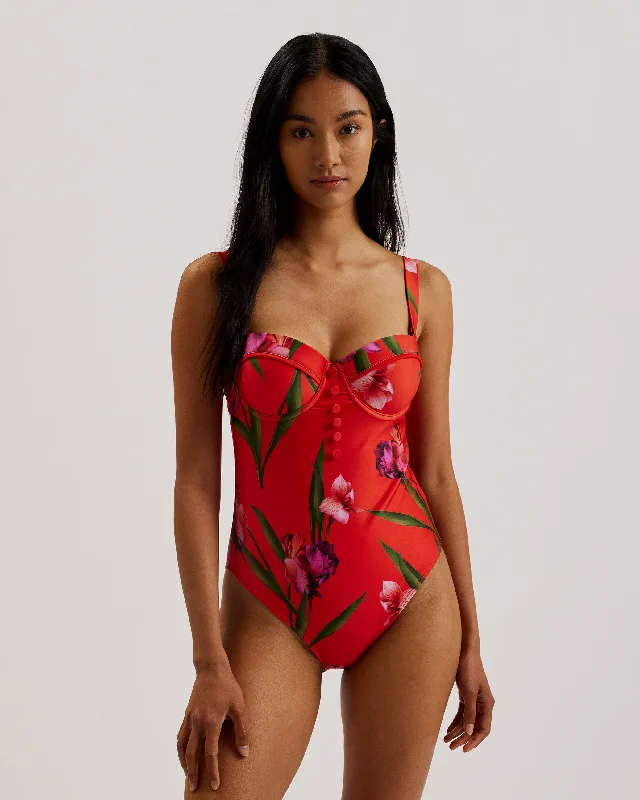 Swimwear for indoor pool-Quwella Cupped Printed Swimsuit Brt-Red