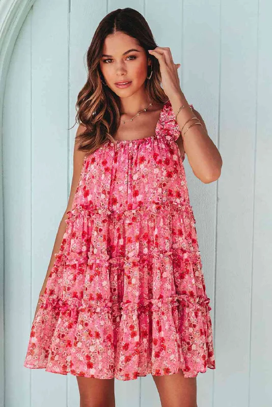 Dresses for babydoll style-Pink Floral Square Neck Sleeveless Mini Dress