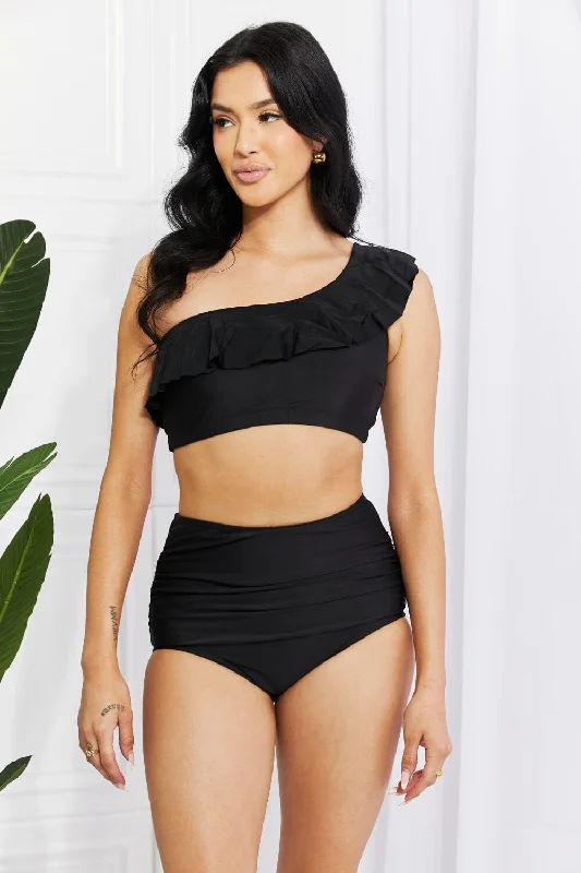 Swimwear try on-Marina West Swim Seaside Romance Ruffle One-Shoulder Bikini in Black