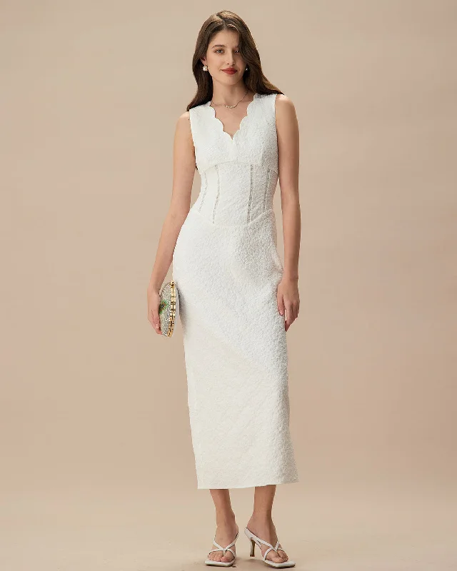 Dresses for live performances-Women's White V-Neck Jacquard Maxi Dress