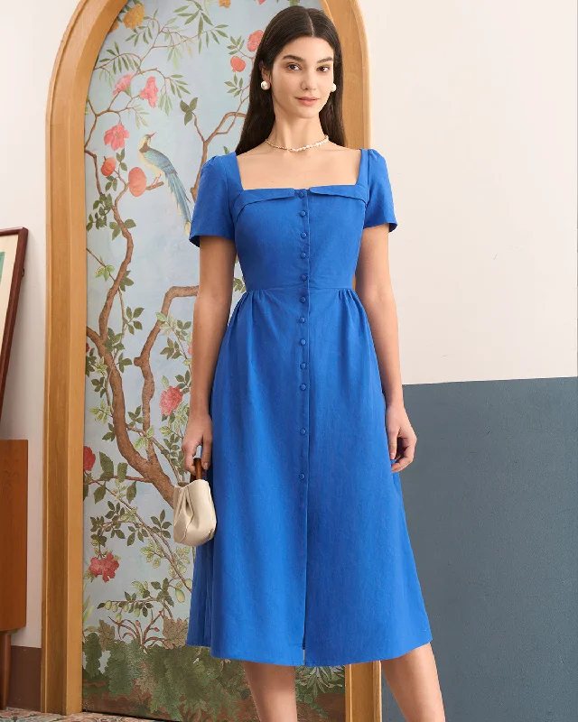 Dresses for road trips-The Blue Sweetheart Neck Button Midi Dress