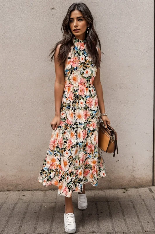 Dresses for semi-formal-Printed Tiered Pocketed Mock Neck Midi Dress