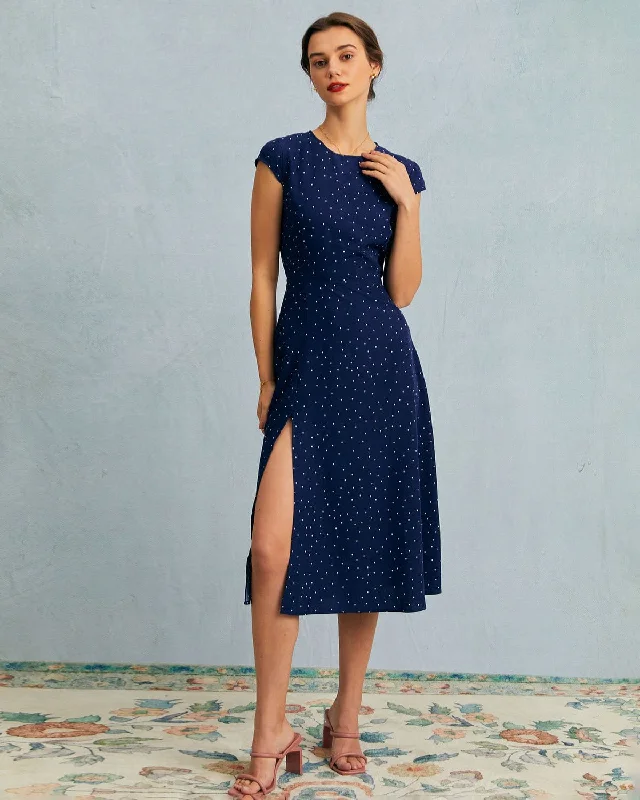 Dresses with tulle-The Navy Round Neck Polka Dot Cutout Midi Dress