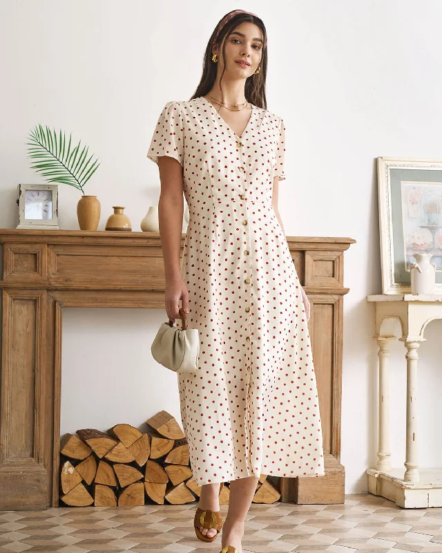 Dresses for gym wear-The Beige V Neck Polka Dot Button Midi Dress